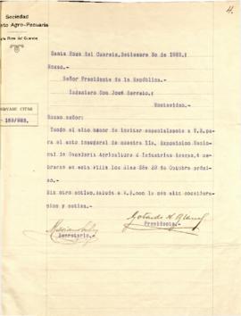 Nota de la Sociedad Fomento Agro Pecuario de Santa Rosa del Cuareim