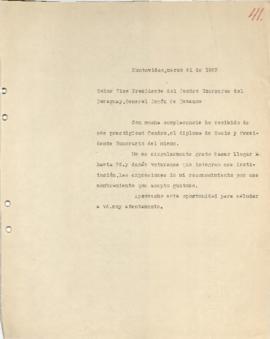Carta de agradecimiento al Centro Guerreros del Paraguay