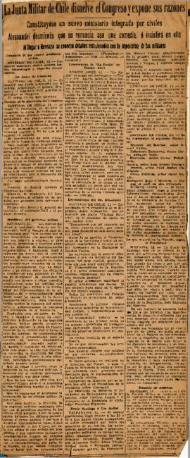 Nota de prensa sobre la Junta Militar de Chile