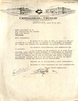 Nota de la Sociedad Anónima Cristalerías del Uruguay dirigido al Presidente Ing. José Serrato