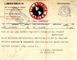 Telegrama de J. V Gómez, Presidente de Venezuela