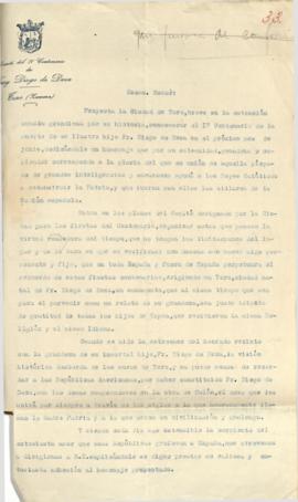 Carta del Comité del IV Centenario de Fray Diego de Deza