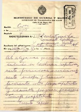 Radiotelegrama al Sr. Presidente de la República