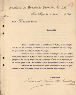 Carta de felicitaciones de la Asociación Protectora del Turf de Porto Alegre.