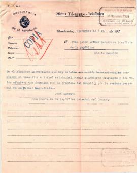 Telegrama dirigido al Sr. Presidente de Brasil, Artur Bernardes