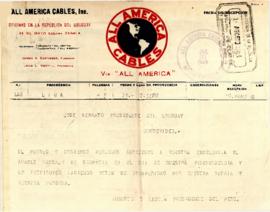 Telegrama dirigido a Augusto Leguía Presidente de Perú