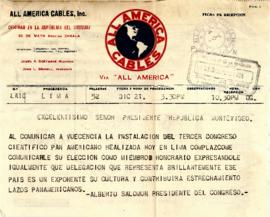 Telegrama del Tercer Congreso Científico Pan Americano