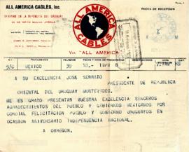 Telegrama de Álvaro Obregón, Presidente de México